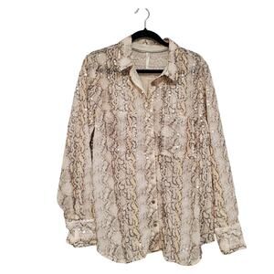 Anthropologie Sequined Snakeskin Print Button Up Blouse 2X Cream Tan Office